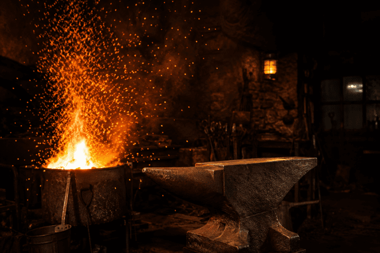 Glowing forge crucible with sparks rising next to a wrought iron anvil — the v2.2.20 release theme