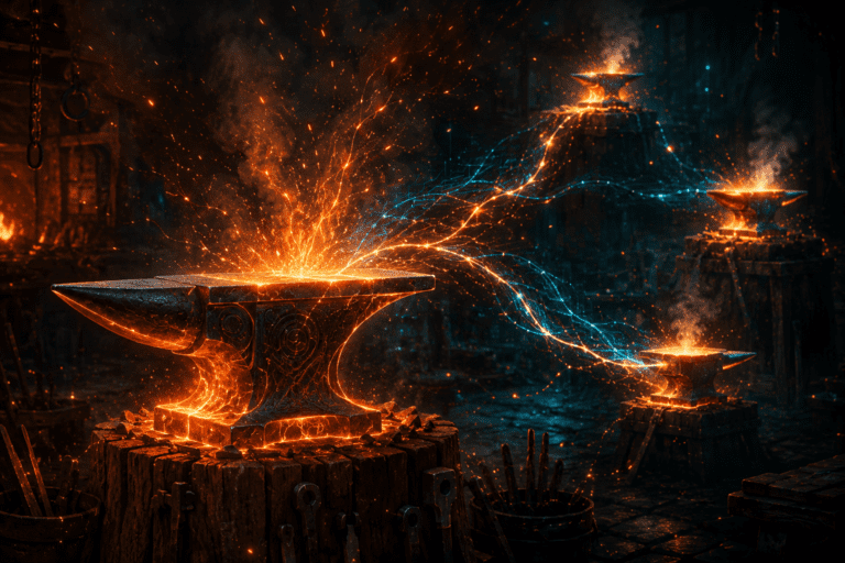 Anvil v2.2.21 forge hero — a central glowing anvil sending orange and cyan threads to three satellite anvils, the daemon hosting sessions you attach to from anywhere